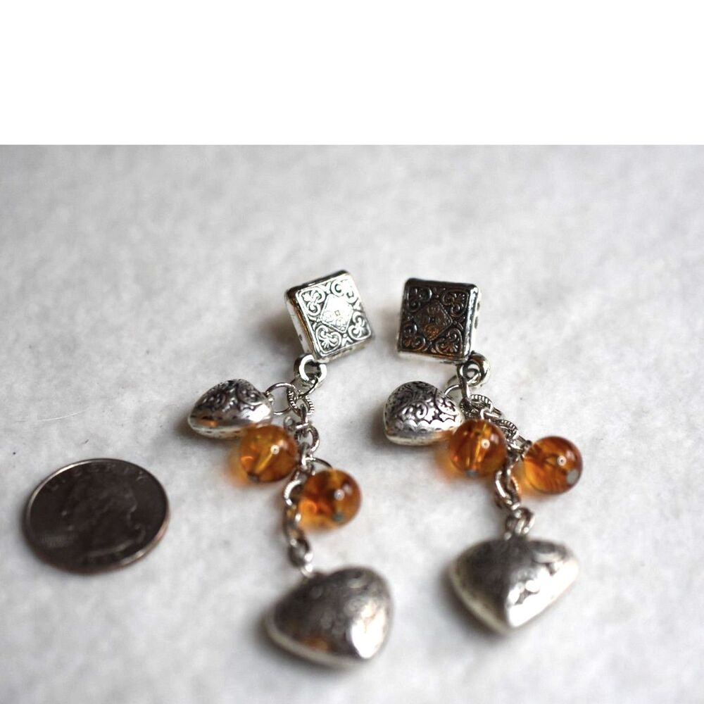 Vintage Silver Tone Etched Hearts Amber Beaded Dangle Post/Stud 3" Earrings